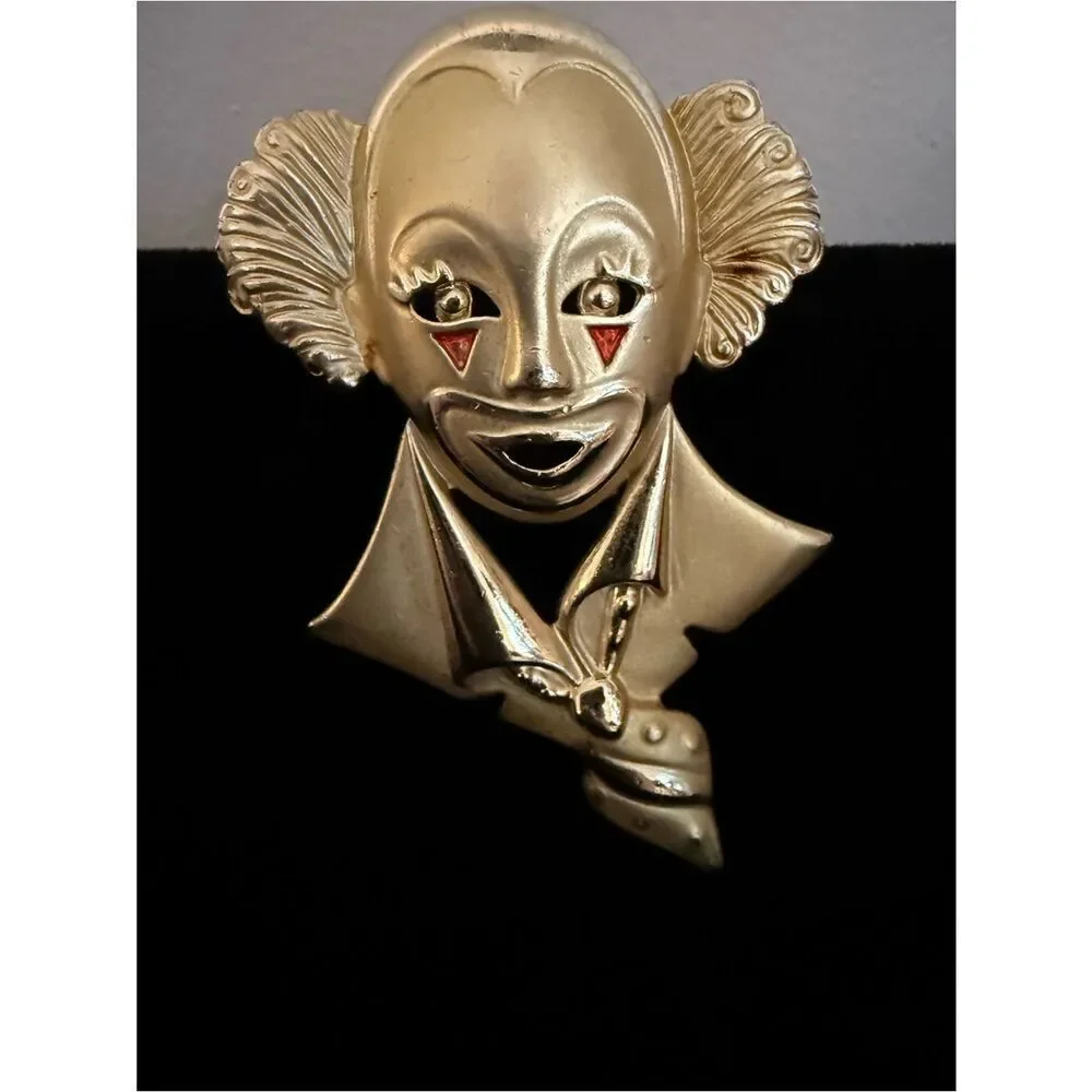 Vintage Gold Clown Face Brooch Statement Women Jewelry Art Unique Pin